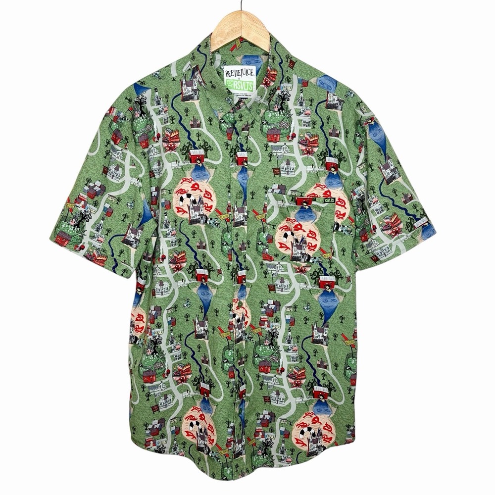 RSVLTS Beetlejuice The Town Map Kunuflex Shirt Mens Size L Stretch Button Up AOP